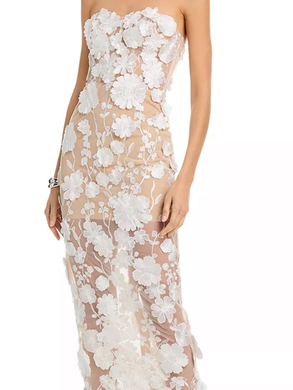 Aqua Strapless Nude Gown with White Floral Appliqués